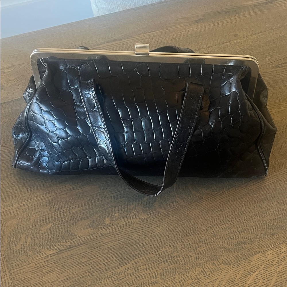 Vintage Kenneth Cole Elegant Black Crocodile-Embossed Doctor’s Frame Bag
